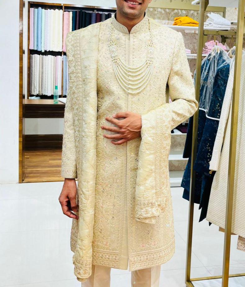 Beige Embroidered Sherwani for Men: Royal Indian Groom Outfit