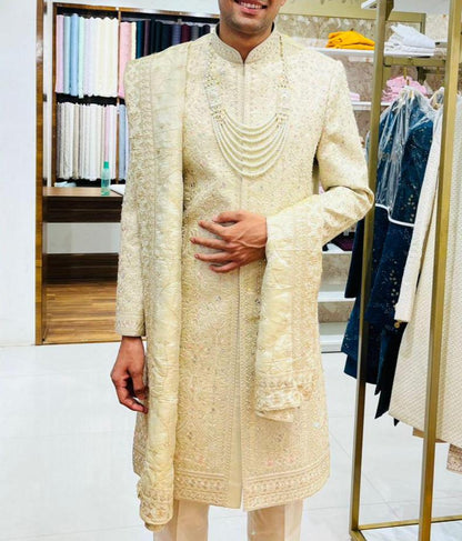 Beige Embroidered Sherwani for Men: Royal Indian Groom Outfit