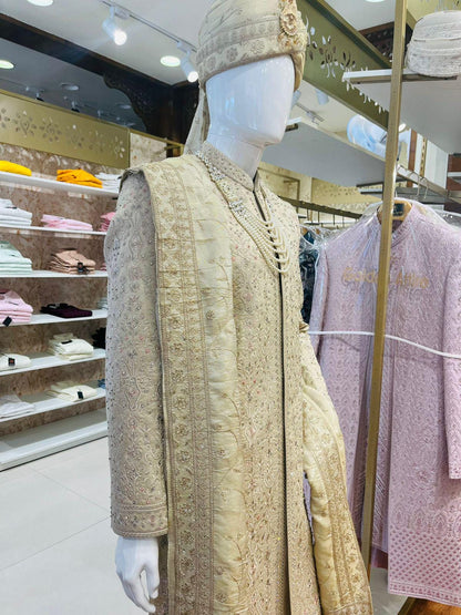 Beige Embroidered Groom Sherwani, Luxury Indian Wedding Attire