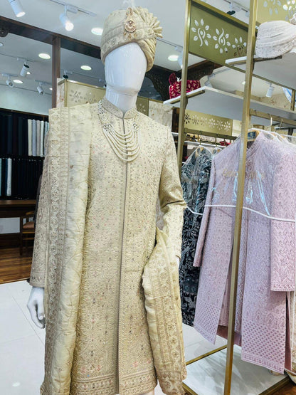 Beige Embroidered Groom Sherwani, Luxury Indian Wedding Attire