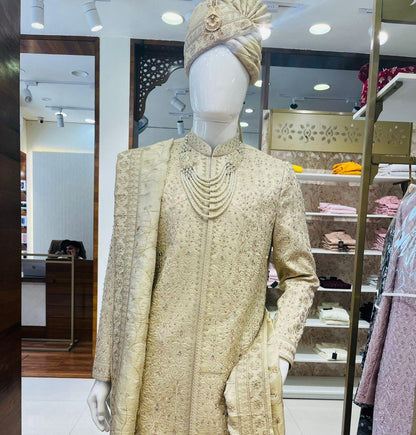 Beige Embroidered Groom Sherwani, Luxury Indian Wedding Attire