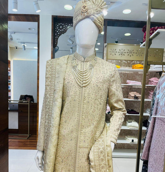 Beige Embroidered Groom Sherwani, Luxury Indian Wedding Attire