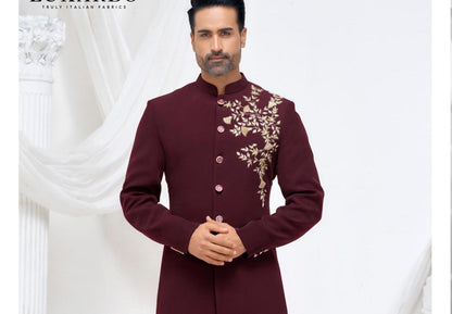 Maroon Groom Sherwani: Indian Wedding Outfit with Embroidery