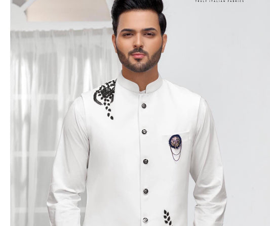 Handcrafted White Nehru Jacket: Groom Wedding Modi Jacket
