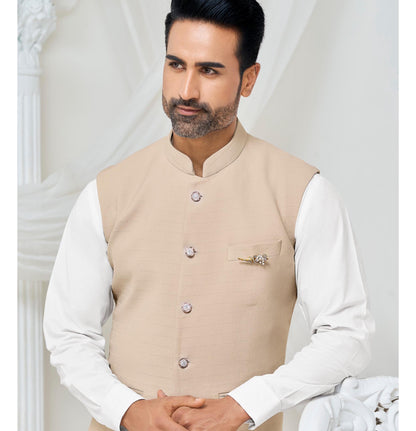 Beige Modi Jacket for Men: Indian Wedding Nehru Waistcoat
