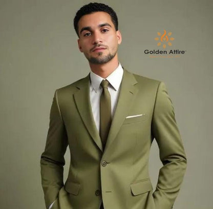 Men's Olive Green Three Piece Wedding Suit, Stylish Fit