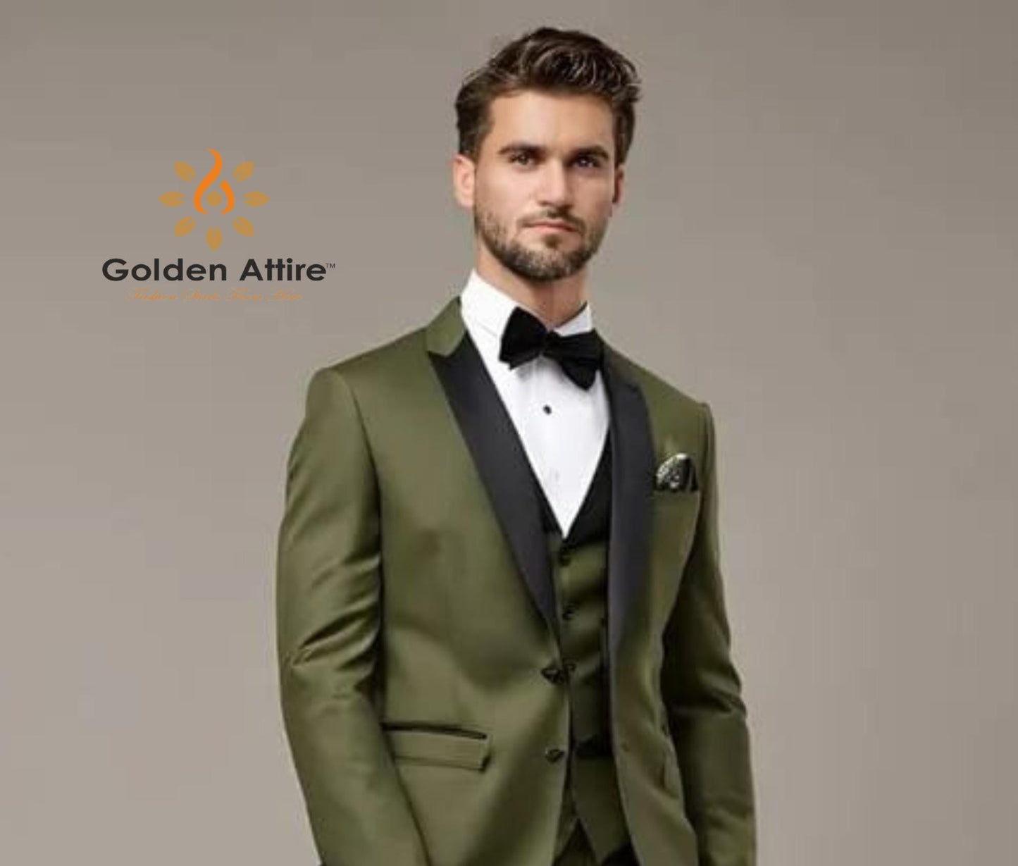 Olive Green 3-Piece Suit: Black Shawl Lapel Tuxedo Suit
