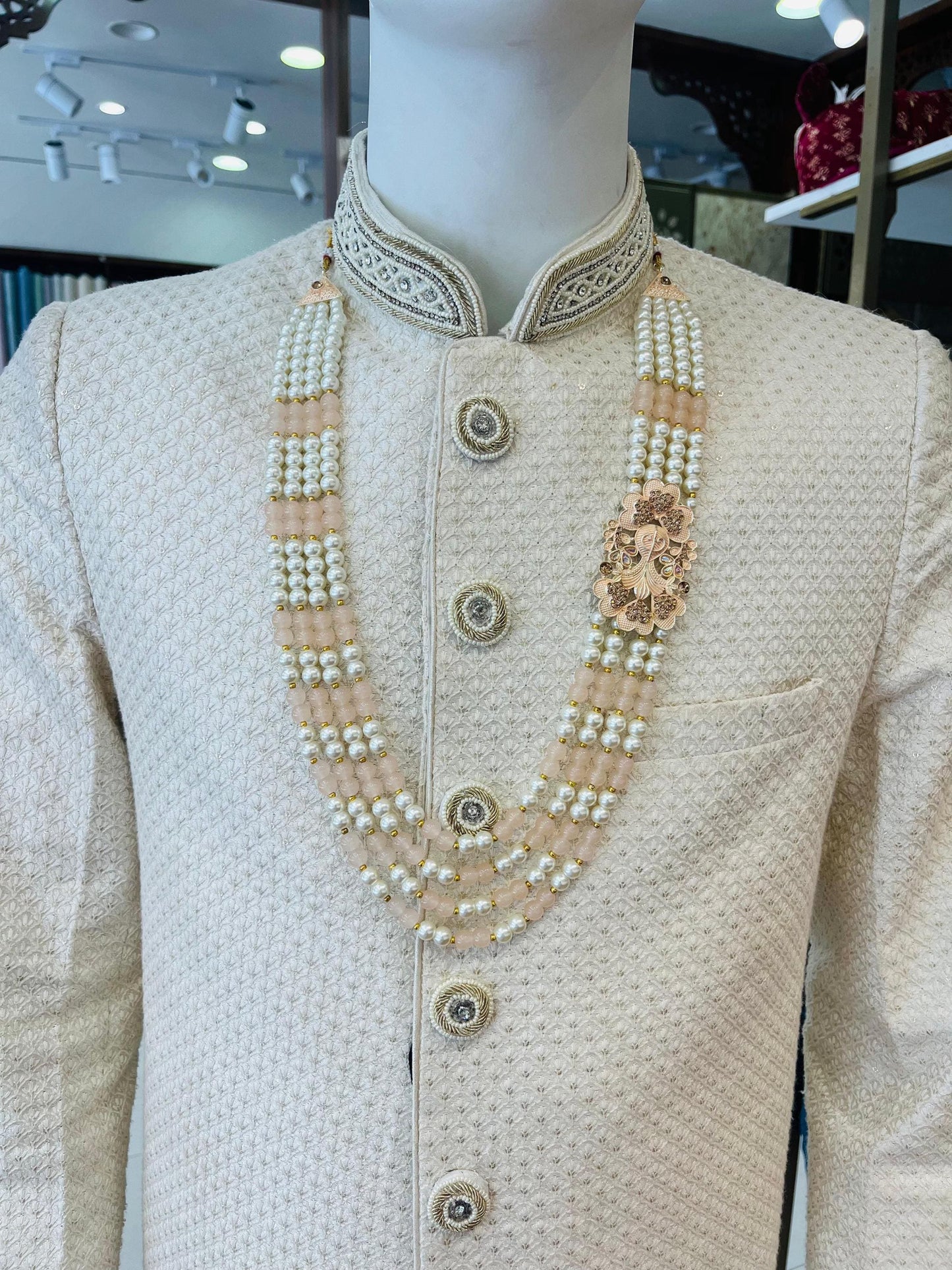 Peach Pearl Majesty 4 Layer Indian Groom Mala with Kantha Brooch