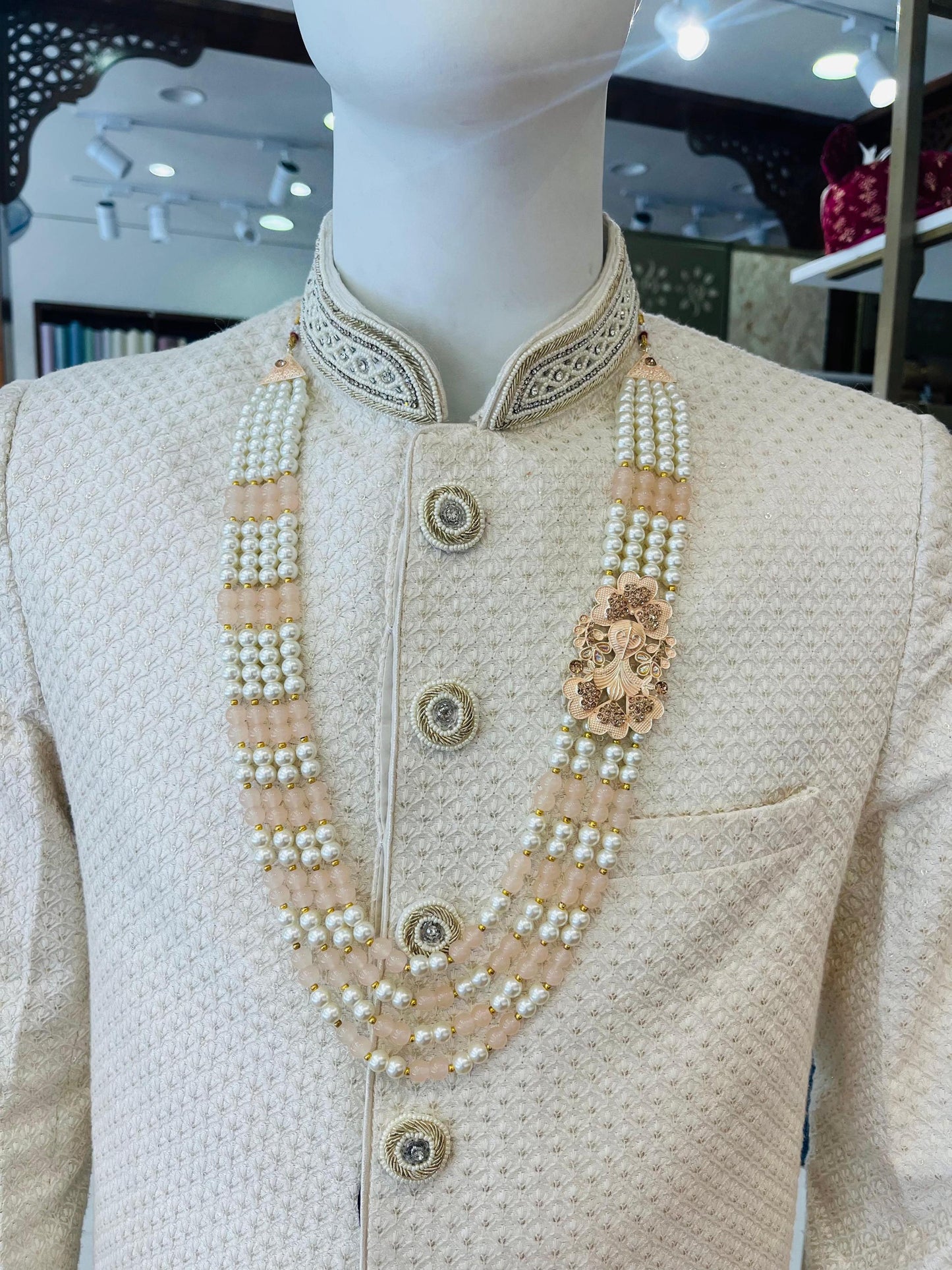 Peach Pearl Majesty 4 Layer Indian Groom Mala with Kantha Brooch