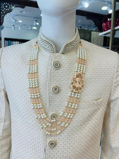 Peach Pearl Majesty 4 Layer Indian Groom Mala with Kantha Brooch