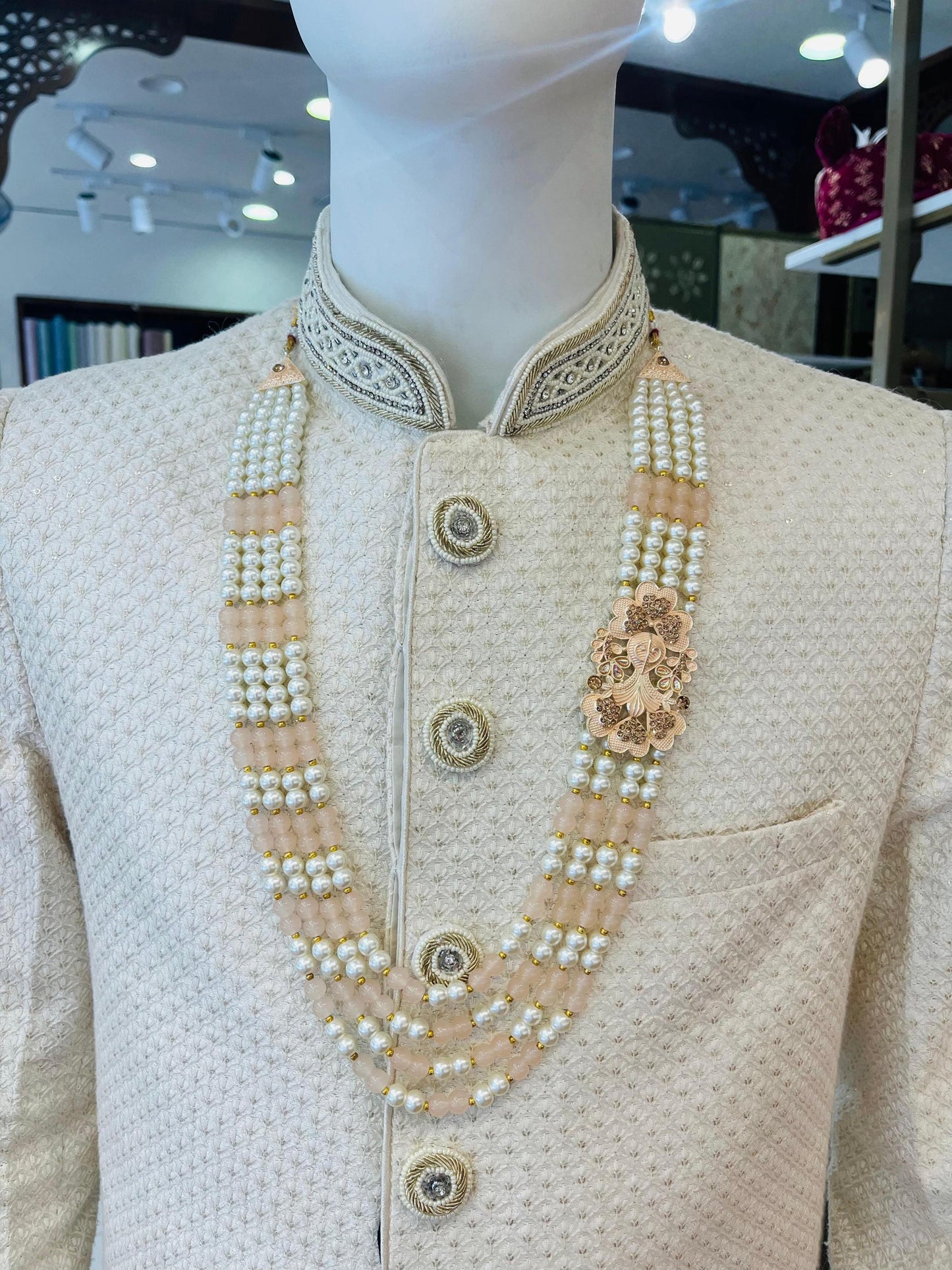 Peach Pearl Majesty 4 Layer Indian Groom Mala with Kantha Brooch