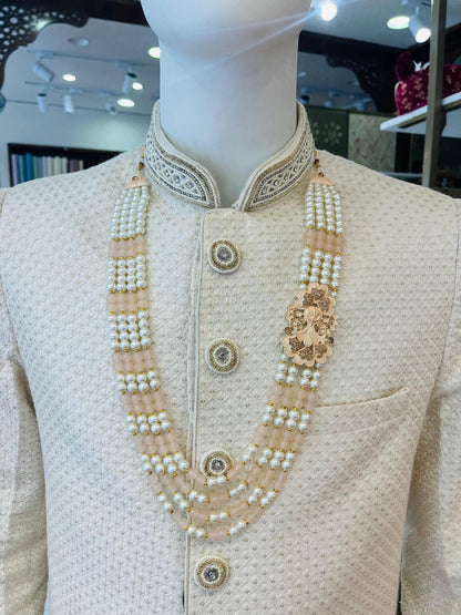 Peach Pearl Majesty 4 Layer Indian Groom Mala with Kantha Brooch