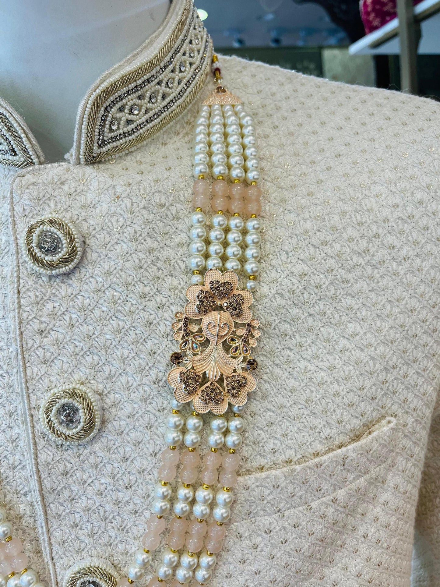 Peach Pearl Majesty 4 Layer Indian Groom Mala with Kantha Brooch