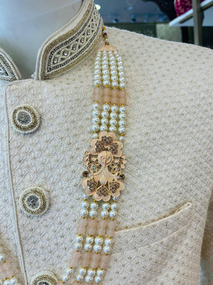 Peach Pearl Majesty 4 Layer Indian Groom Mala with Kantha Brooch
