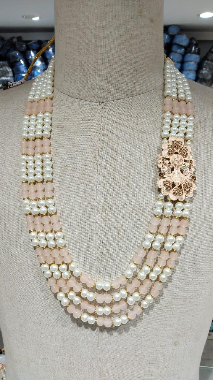 Peach Pearl Majesty 4 Layer Indian Groom Mala with Kantha Brooch
