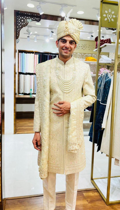 Beige Embroidered Sherwani for Men: Royal Indian Groom Outfit