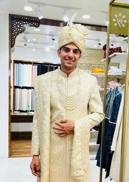 Beige Embroidered Sherwani for Men: Royal Indian Groom Outfit
