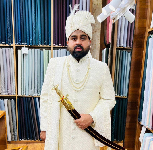 Off-White Groom Sherwani, Embroidered Indian Wedding Attire, Customizable Fit