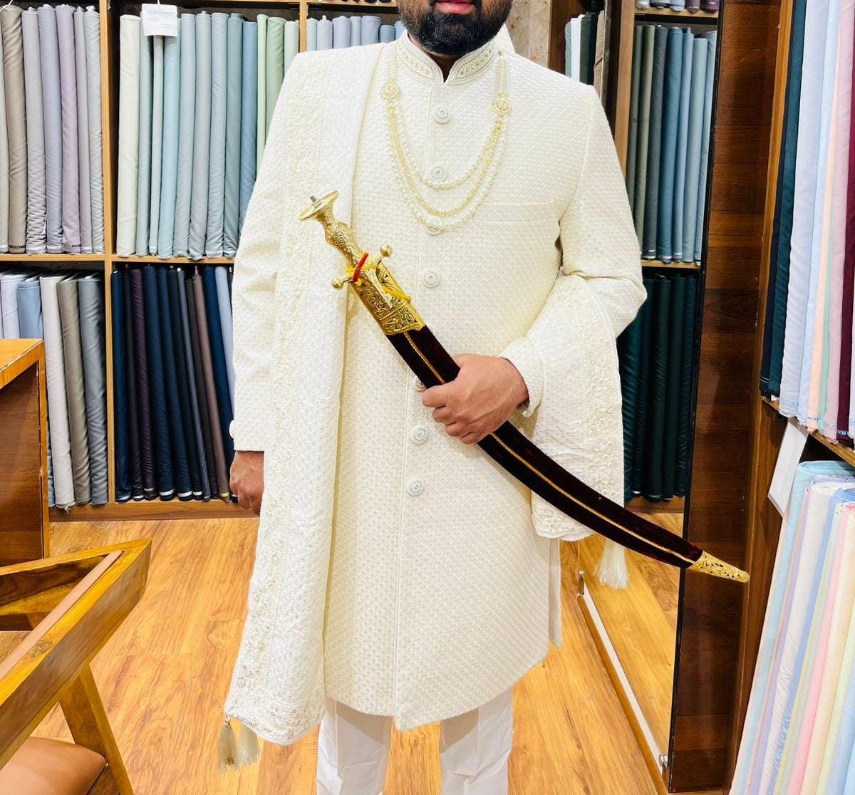 Off-White Groom Sherwani, Embroidered Indian Wedding Attire, Customizable Fit