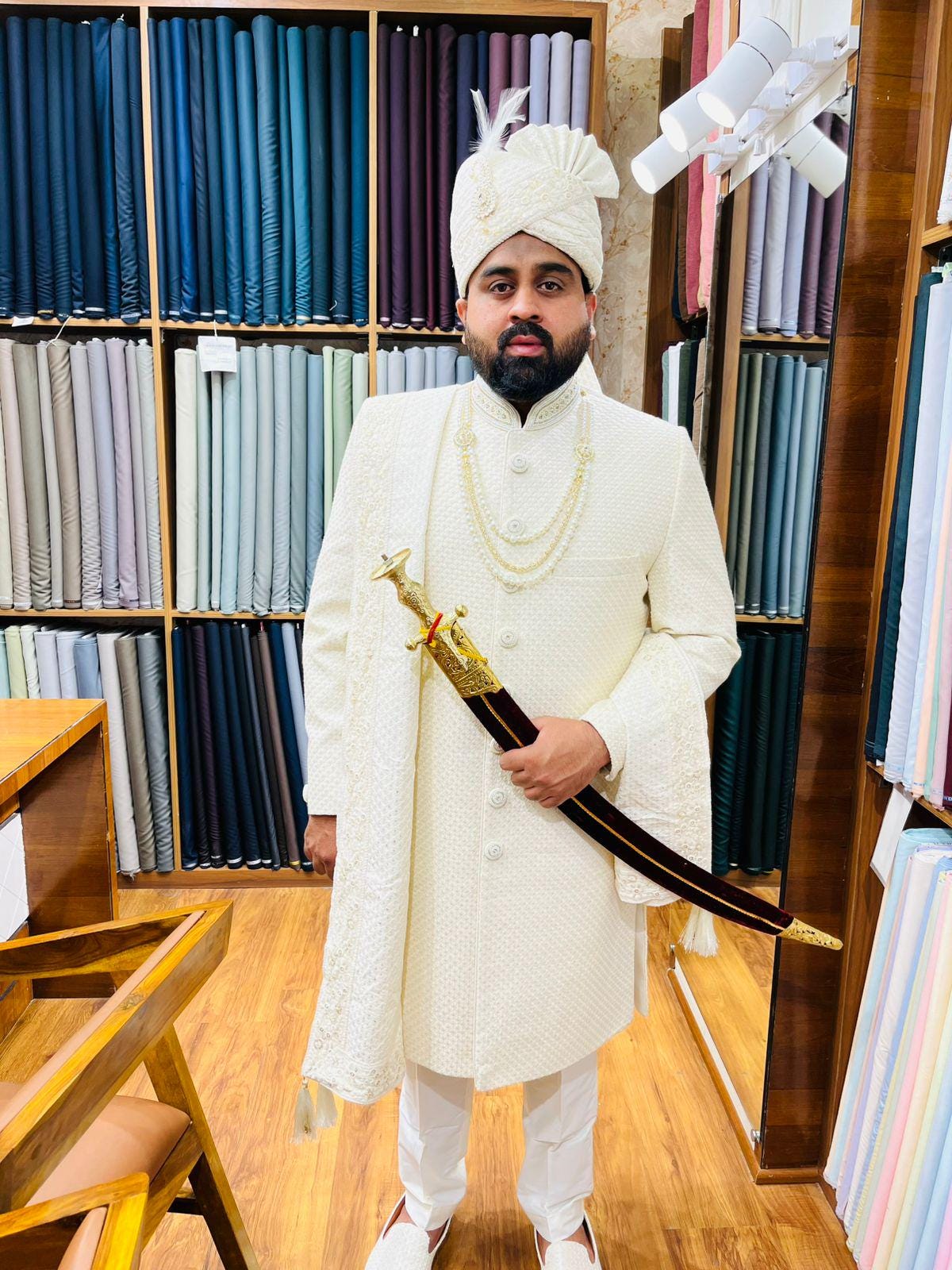 Off-White Groom Sherwani, Embroidered Indian Wedding Attire, Customizable Fit