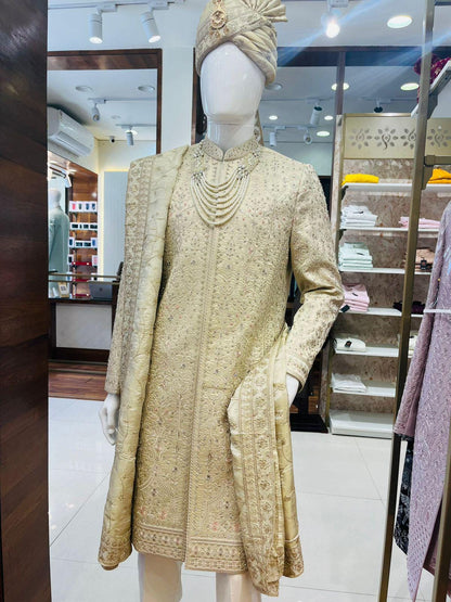 Beige Embroidered Groom Sherwani, Luxury Indian Wedding Attire