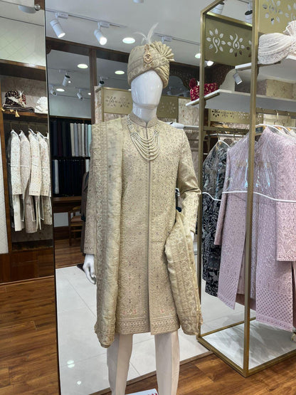 Beige Embroidered Groom Sherwani, Luxury Indian Wedding Attire