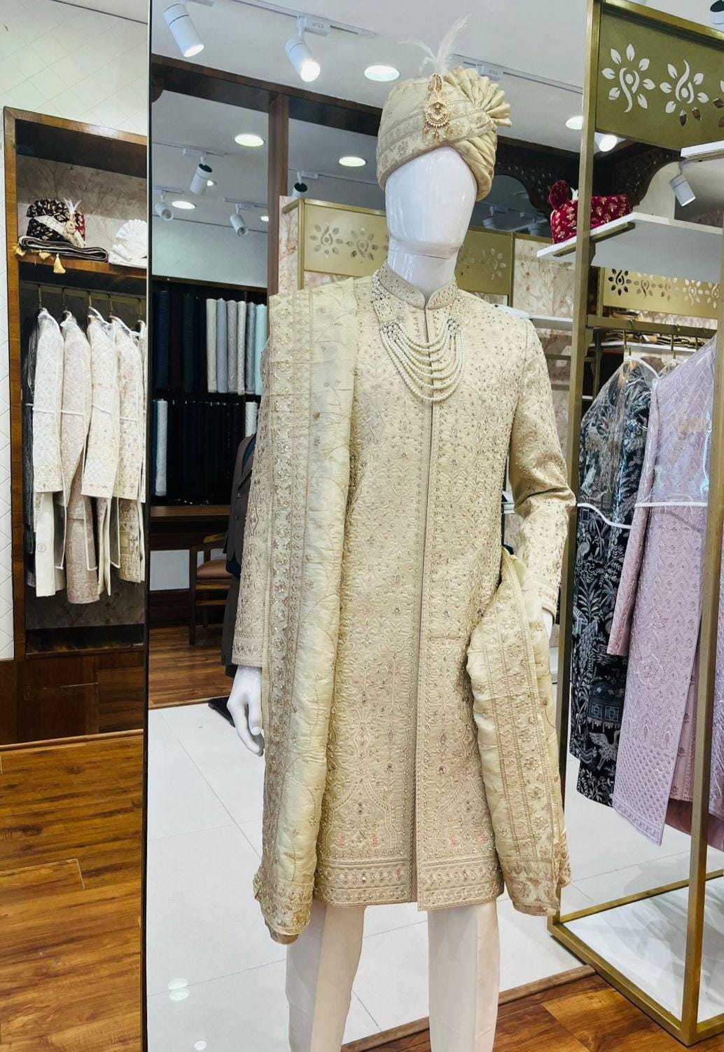 Beige Embroidered Groom Sherwani, Luxury Indian Wedding Attire