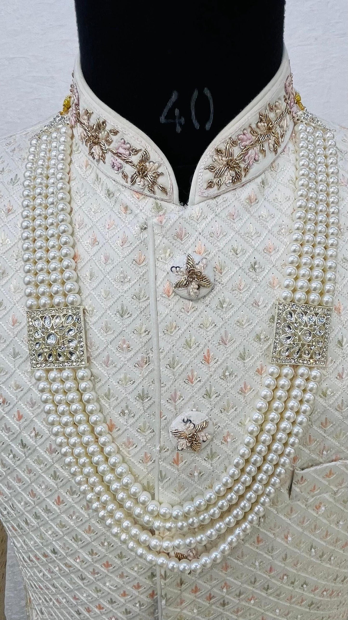 Off-White Pearl Groom Mala: Indian Sherwani Necklace with Stone Brooch