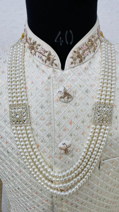 Off-White Pearl Groom Mala: Indian Sherwani Necklace with Stone Brooch