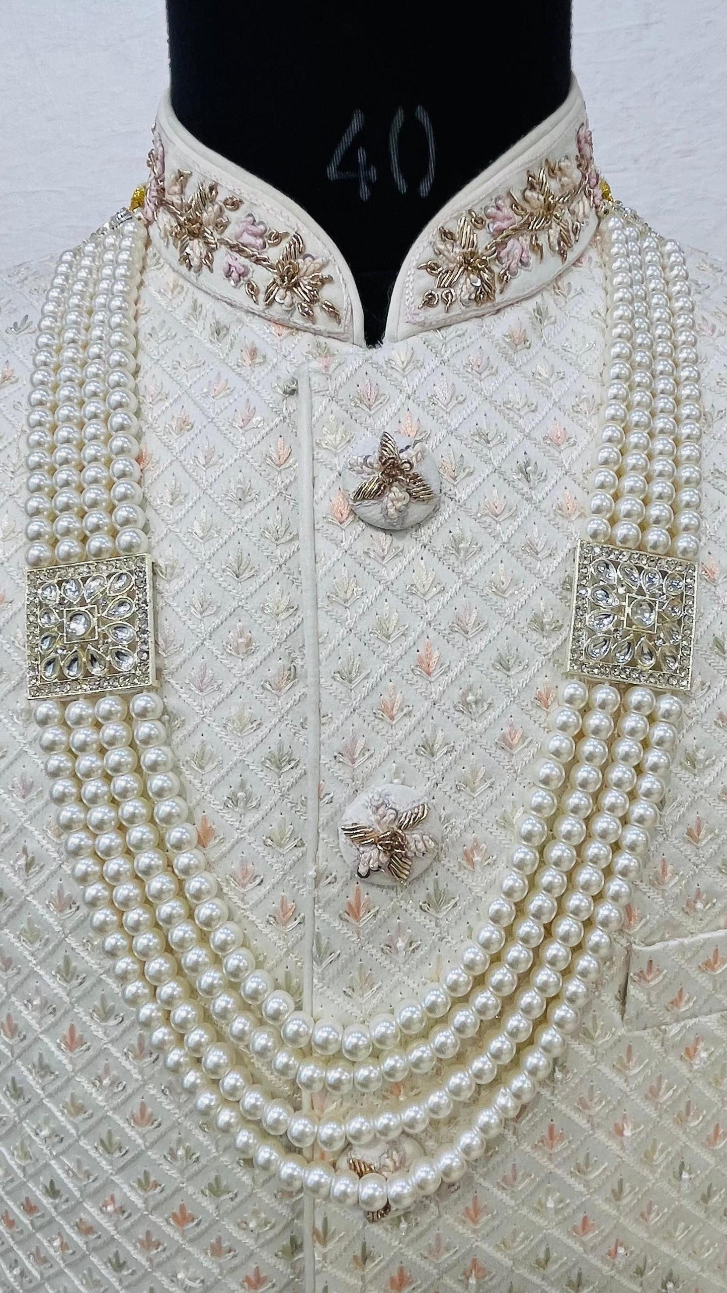 Off-White Pearl Groom Mala: Indian Sherwani Necklace with Stone Brooch