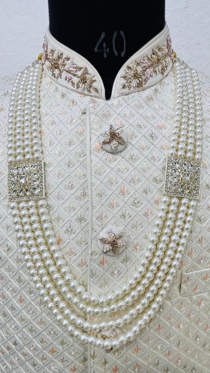 Off-White Pearl Groom Mala: Indian Sherwani Necklace with Stone Brooch