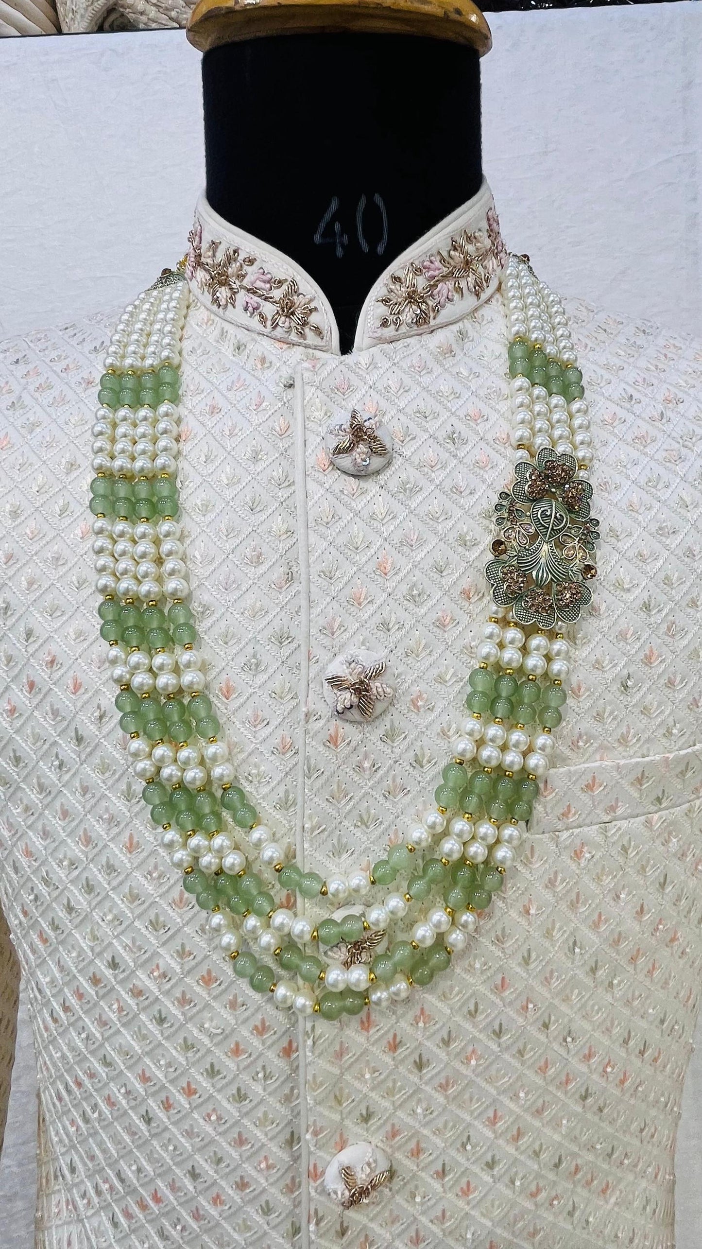 Sage Green Pearl Groom Mala, Indian Wedding Sherwani Necklace