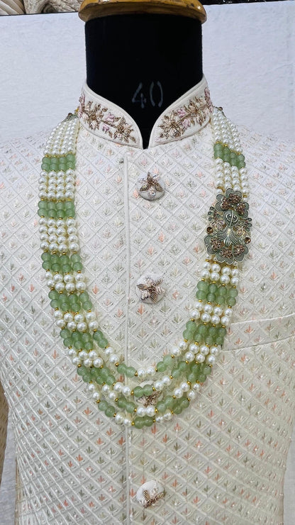 Sage Green Pearl Groom Mala, Indian Wedding Sherwani Necklace