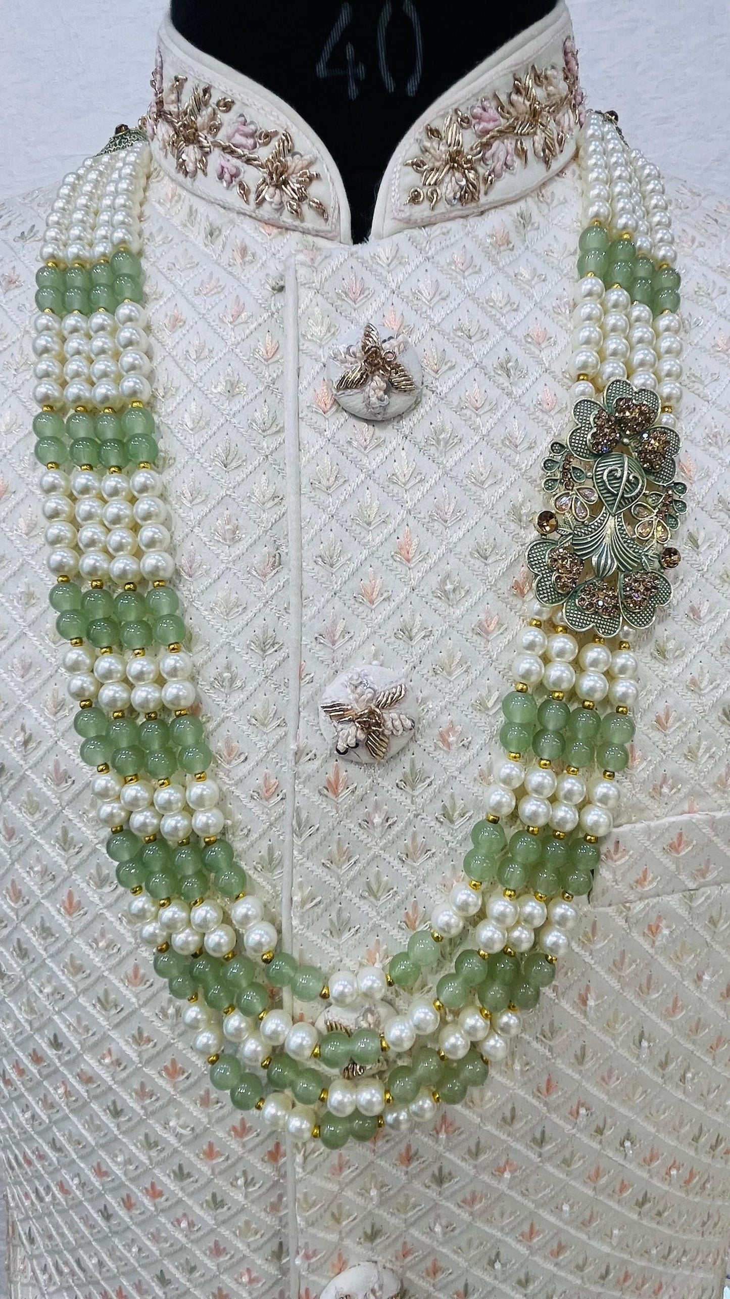Sage Green Pearl Groom Mala, Indian Wedding Sherwani Necklace
