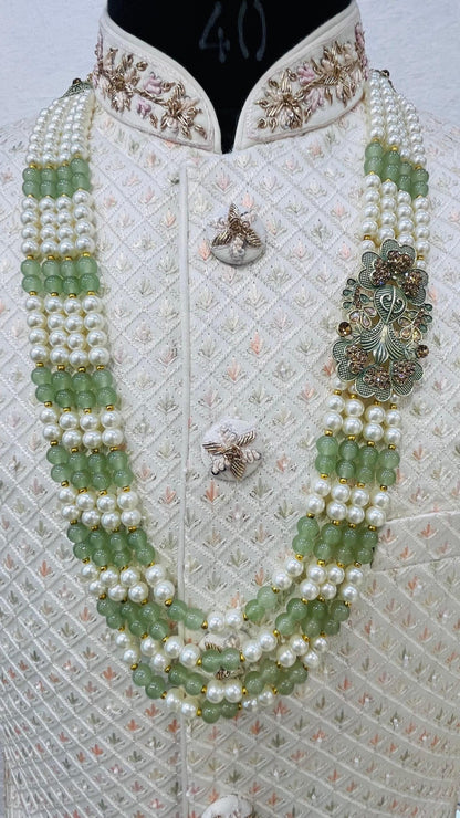 Sage Green Pearl Groom Mala, Indian Wedding Sherwani Necklace
