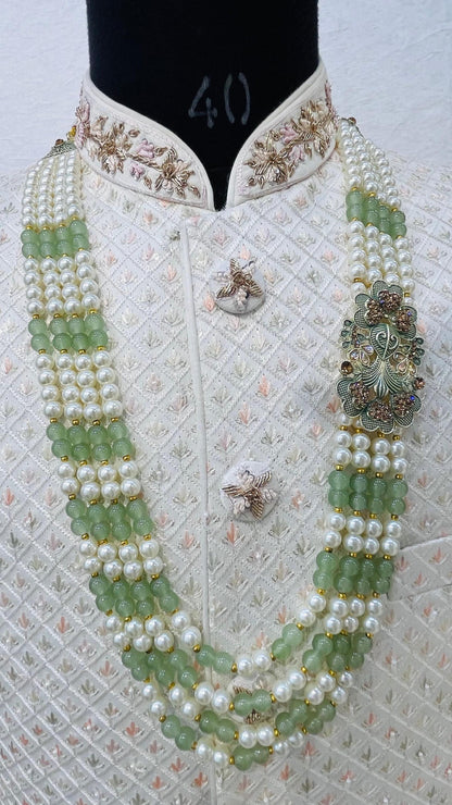 Sage Green Pearl Groom Mala, Indian Wedding Sherwani Necklace