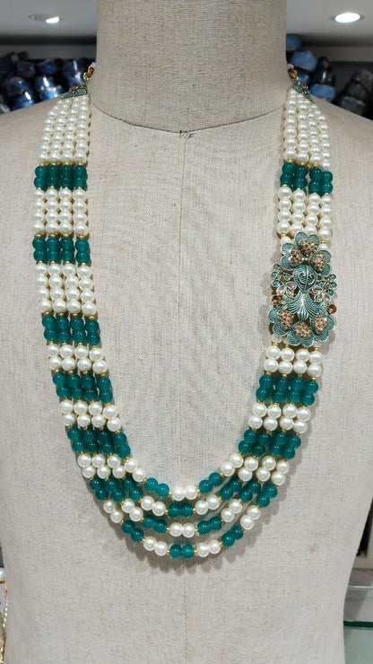 Indian Groom Necklace Set: Green Stone Brooch, Pearl Mala - Golden Attire