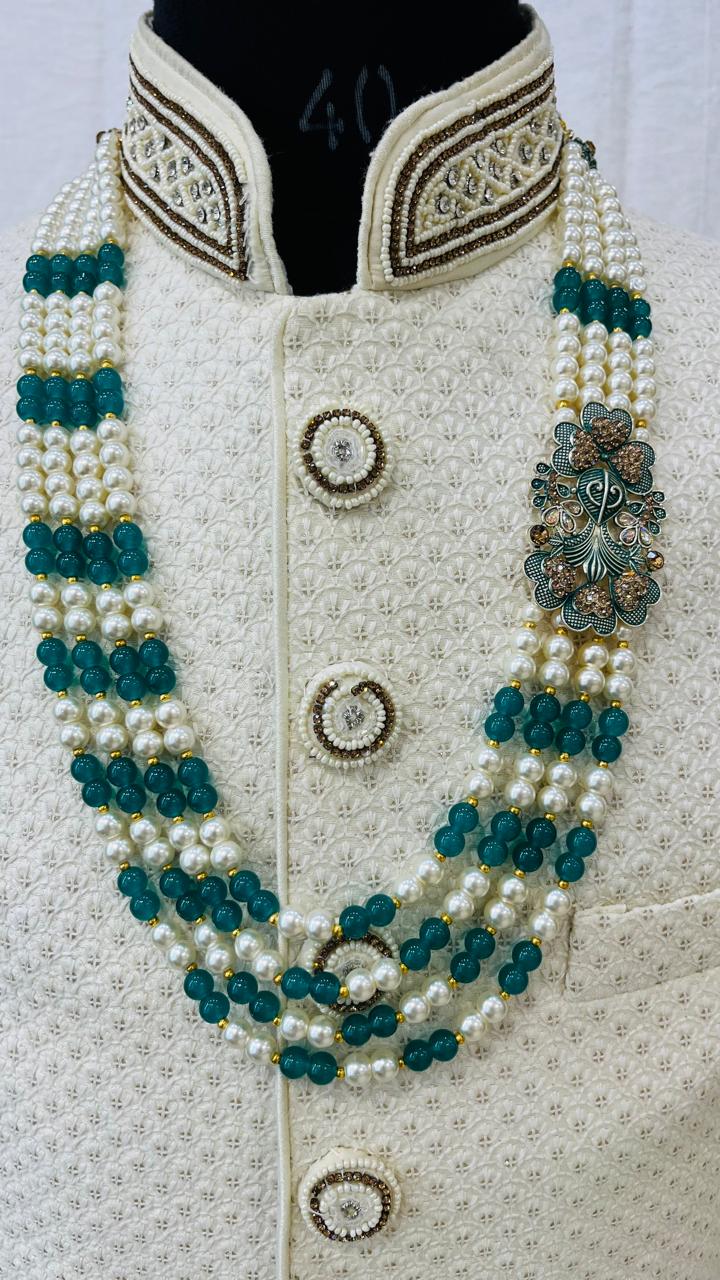 Indian Groom Necklace Set: Green Stone Brooch, Pearl Mala - Golden Attire