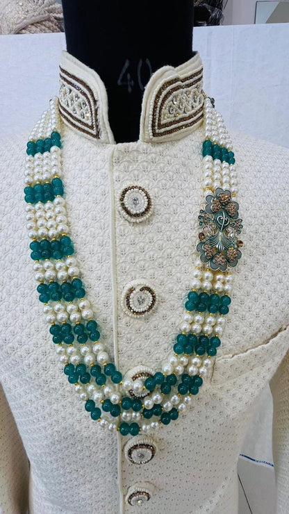 Indian Groom Necklace Set: Green Stone Brooch, Pearl Mala - Golden Attire
