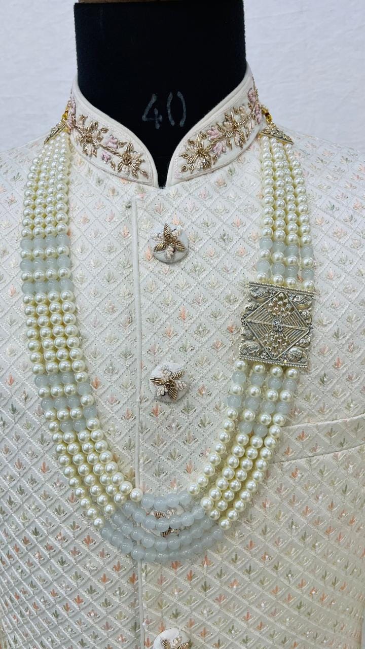Grey Kantha Kundan Groom Mala: 4-Layered Pearl Sherwani Necklace