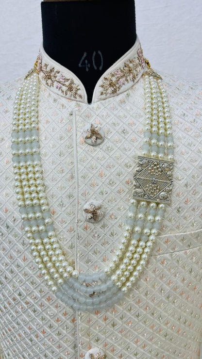 Grey Kantha Kundan Groom Mala: 4-Layered Pearl Sherwani Necklace