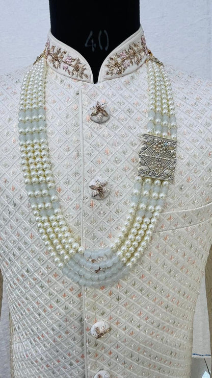 Grey Kantha Kundan Groom Mala: 4-Layered Pearl Sherwani Necklace