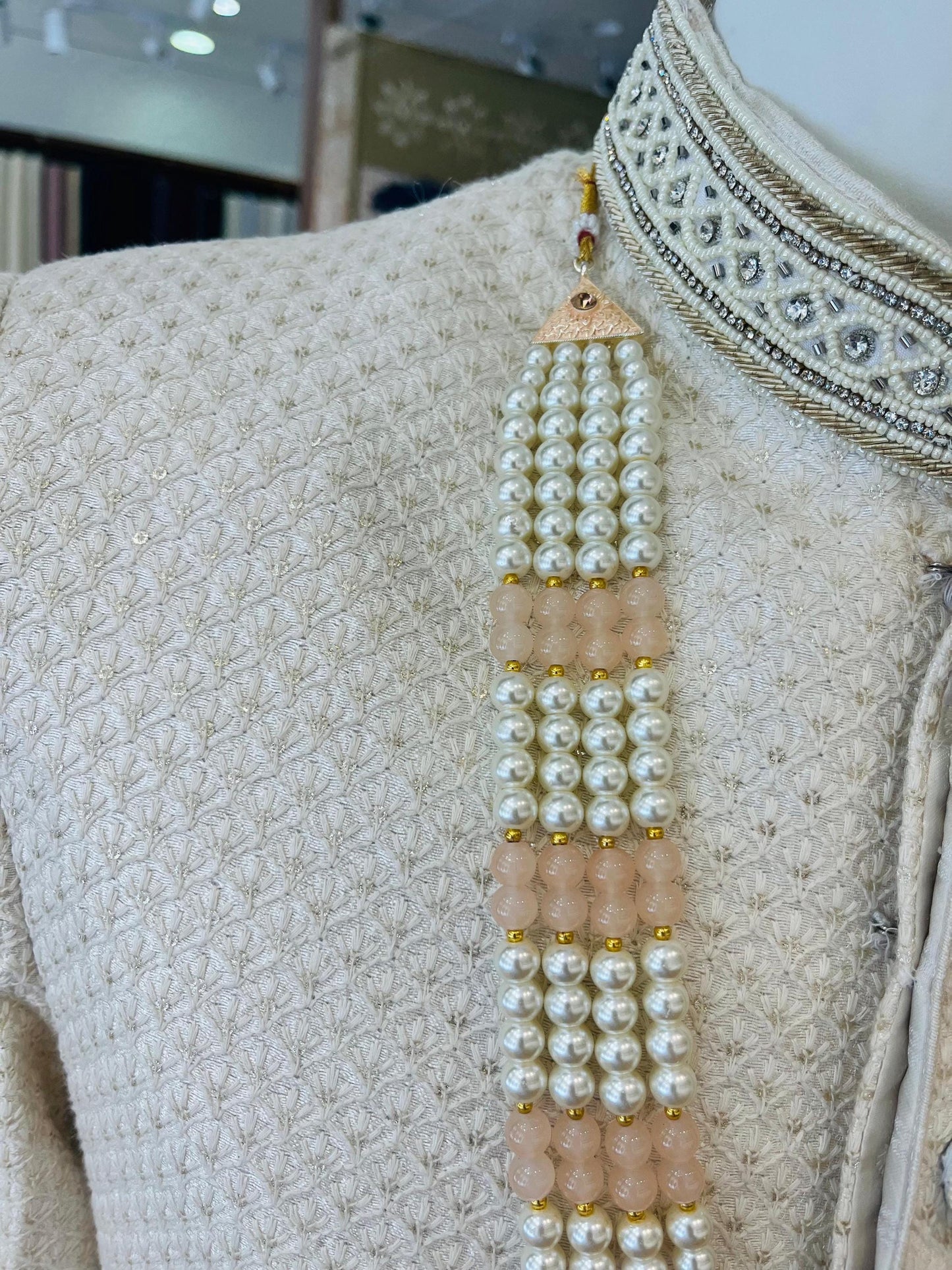 Peach Pearl Majesty 4 Layer Indian Groom Mala with Kantha Brooch