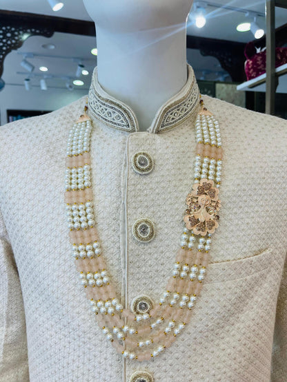 Peach Pearl Majesty 4 Layer Indian Groom Mala with Kantha Brooch