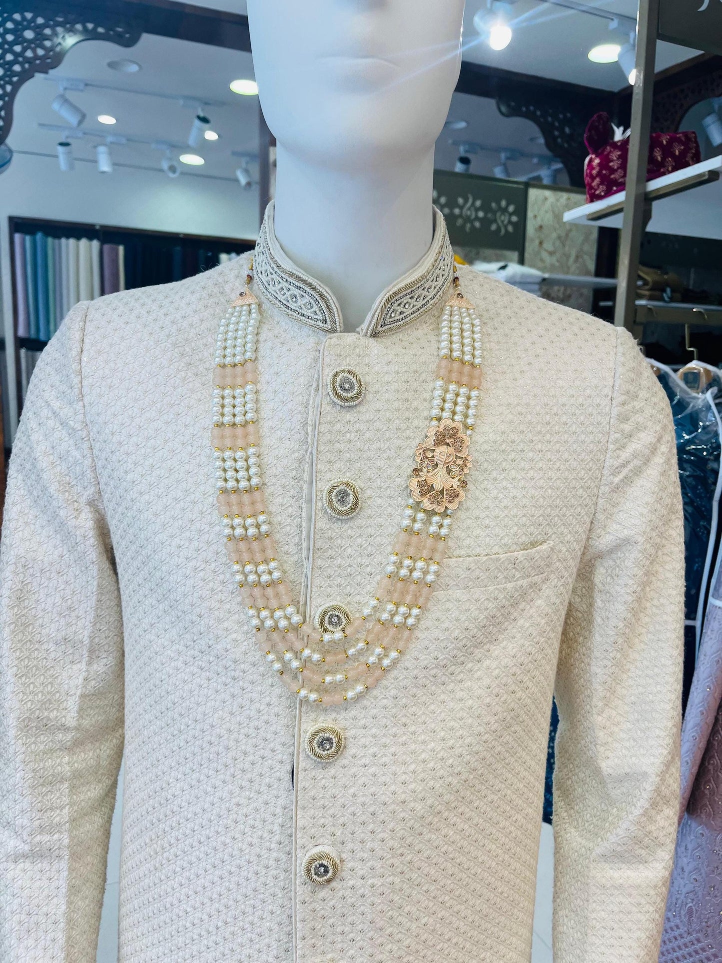 Peach Pearl Majesty 4 Layer Indian Groom Mala with Kantha Brooch