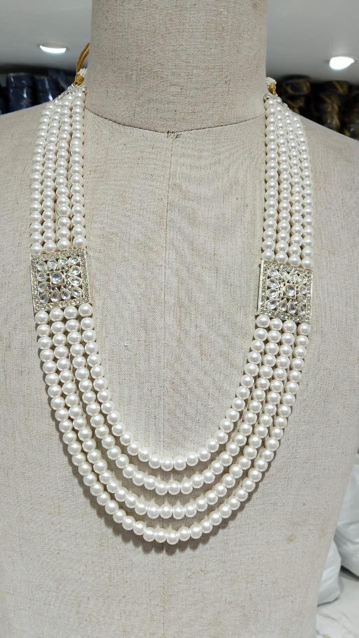 Off-White Pearl Groom Mala: Indian Sherwani Necklace with Stone Brooch
