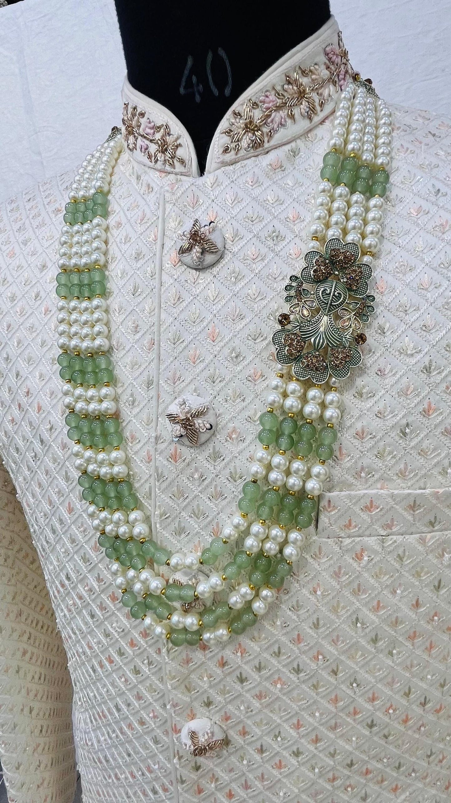 Sage Green Pearl Groom Mala, Indian Wedding Sherwani Necklace
