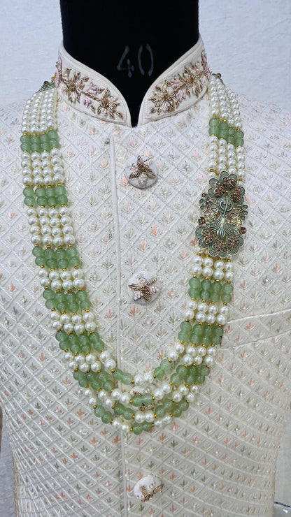 Sage Green Pearl Groom Mala, Indian Wedding Sherwani Necklace