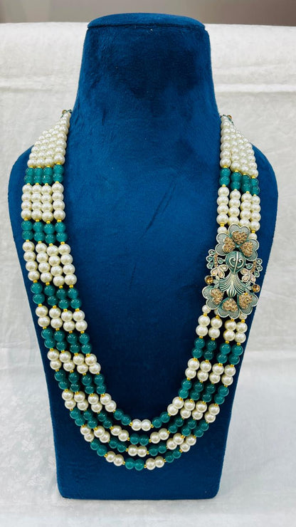 Indian Groom Necklace Set: Green Stone Brooch, Pearl Mala - Golden Attire