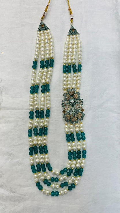 Indian Groom Necklace Set: Green Stone Brooch, Pearl Mala - Golden Attire